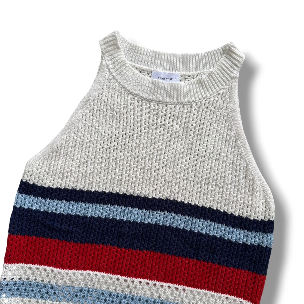 AnnieWear Los Angeles Womens L Blue Red White Striped Open Crochet Knit Tank Top